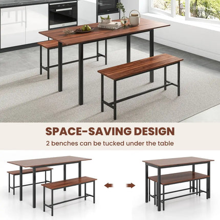 3 Piece Dining Table Set for 4-6 with 2 Benches-Walnut Costway