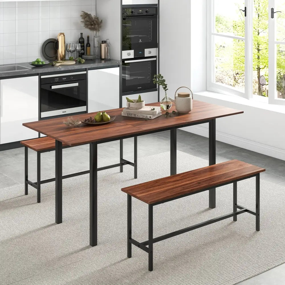3 Piece Dining Table Set for 4-6 with 2 Benches-Walnut - Walnut - Dining Room Sets