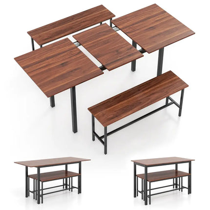 3 Piece Dining Table Set for 4-6 with 2 Benches-Walnut Costway