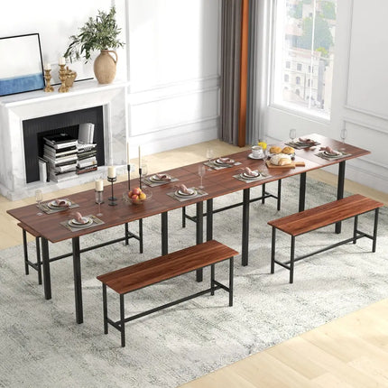 3 Piece Dining Table Set for 4-6 with 2 Benches-Walnut Costway