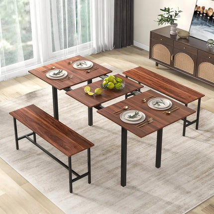 3 Piece Dining Table Set for 4-6 with 2 Benches-Walnut Costway