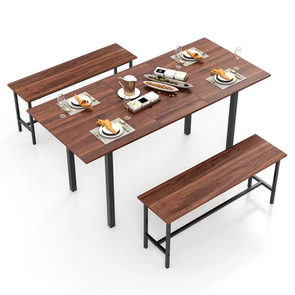 3 Piece Dining Table Set for 4-6 with 2 Benches-Walnut Costway