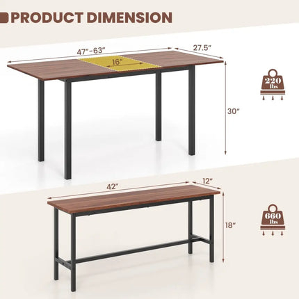 3 Piece Dining Table Set for 4-6 with 2 Benches-Walnut Costway