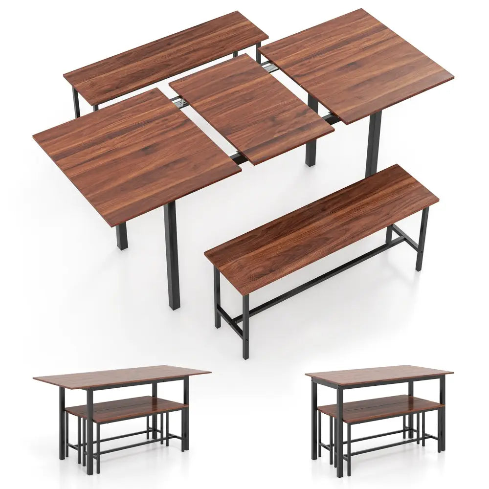 3 Piece Dining Table Set for 4-6 with 2 Benches-Walnut - Walnut - Dining Room Sets
