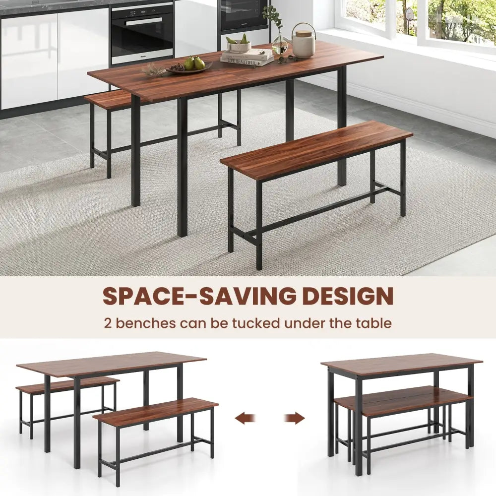 3 Piece Dining Table Set for 4-6 with 2 Benches-Walnut - Walnut - Dining Room Sets
