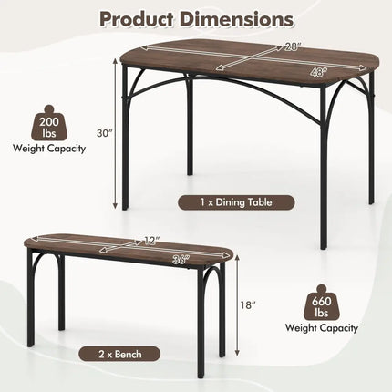 3-Piece Dining Table Set for 4 with Metal Frame-Brown Costway