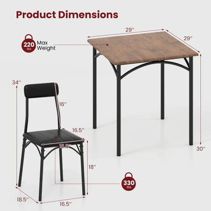 3-Piece Dining Table Set Square Kitchen Table and 2 Chairs for Dining Room-Rustic Brown Costway