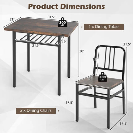 3-Piece Dining Table Set with Rectangular Kitchen Table and 2 Chairs-Rustic Brown Costway