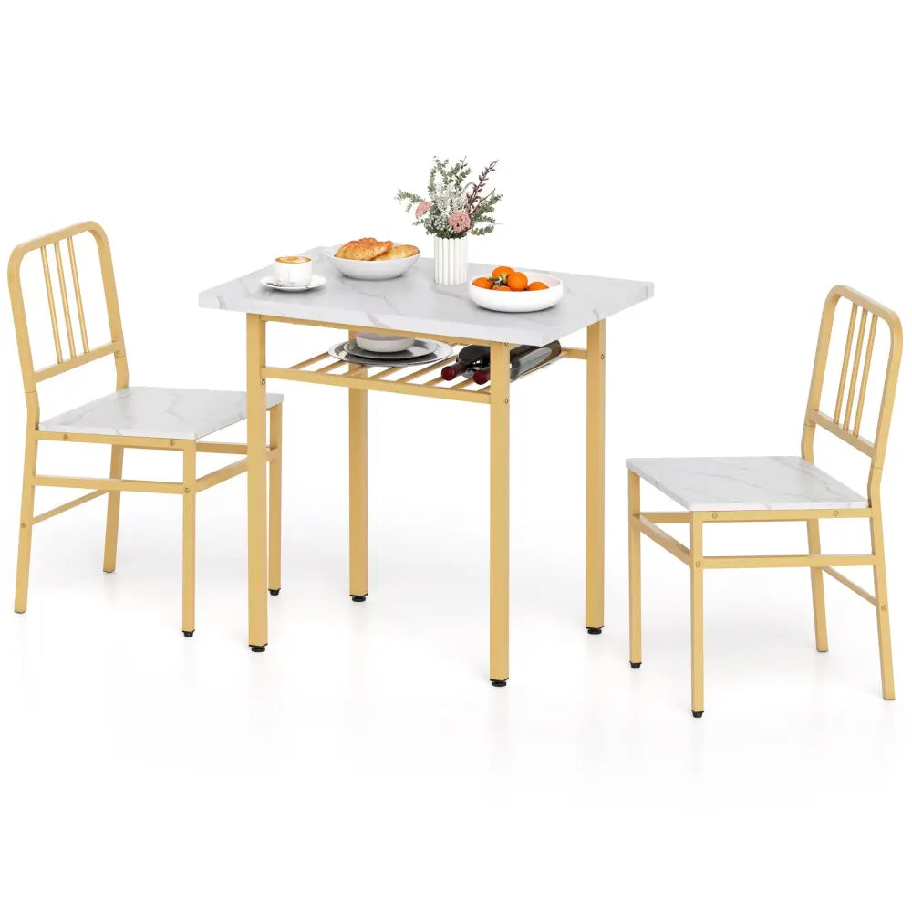 3-Piece Dining Table Set with Rectangular Kitchen Table and 2 Chairs-White - White & Golden - Dining Room Sets