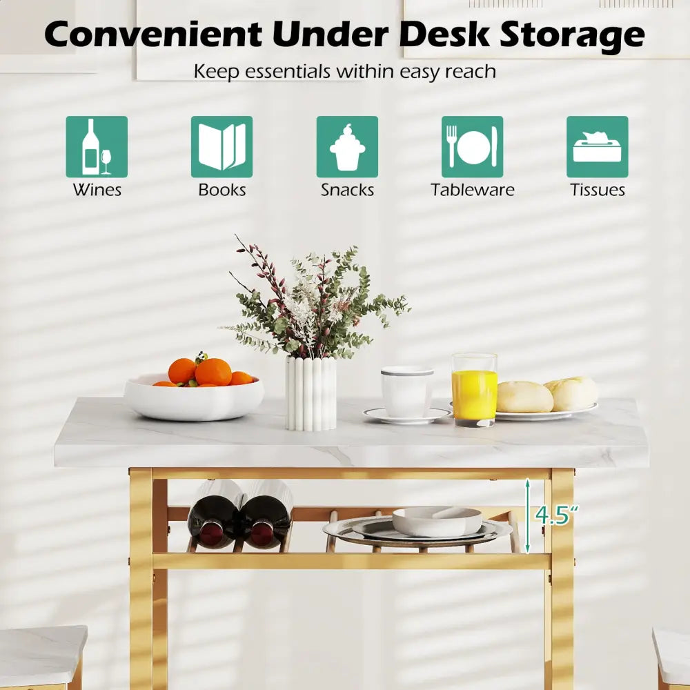 3-Piece Dining Table Set with Rectangular Kitchen Table and 2 Chairs-White - White & Golden - Dining Room Sets