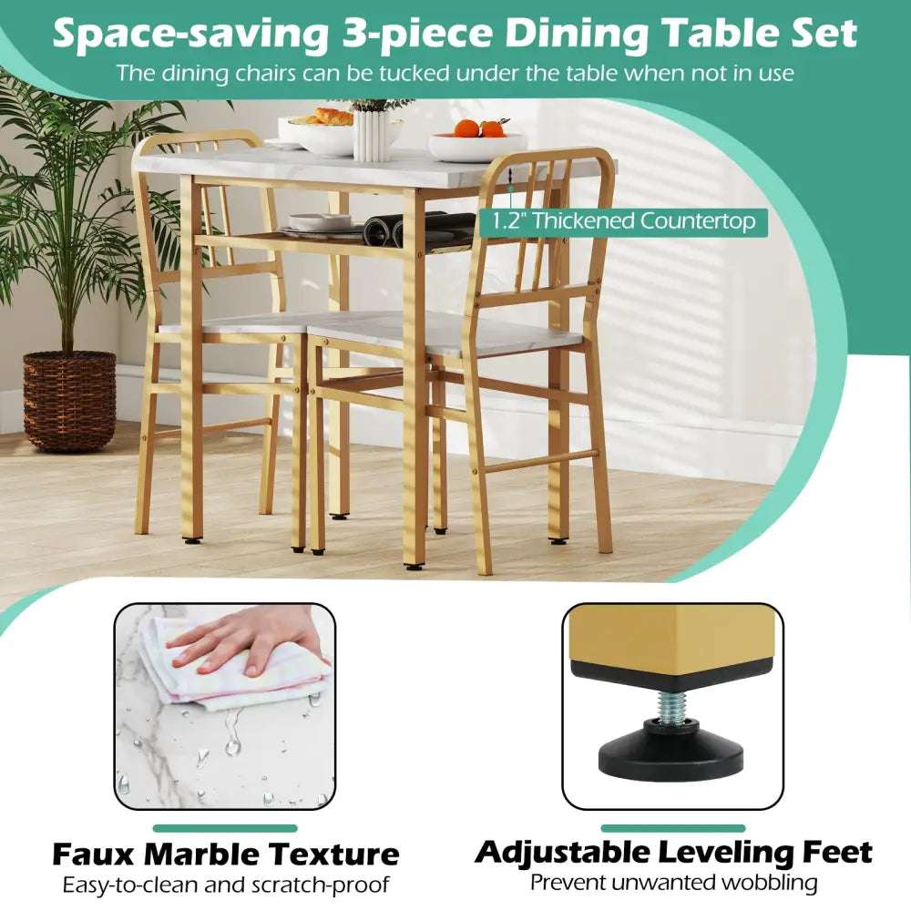 3-Piece Dining Table Set with Rectangular Kitchen Table and 2 Chairs-White - White & Golden - Dining Room Sets