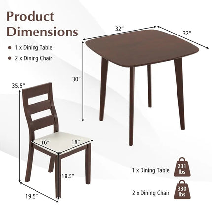 3-Piece Dining Table Set with Wooden Square Kitchen Table and 2 Chairs-Walnut Costway