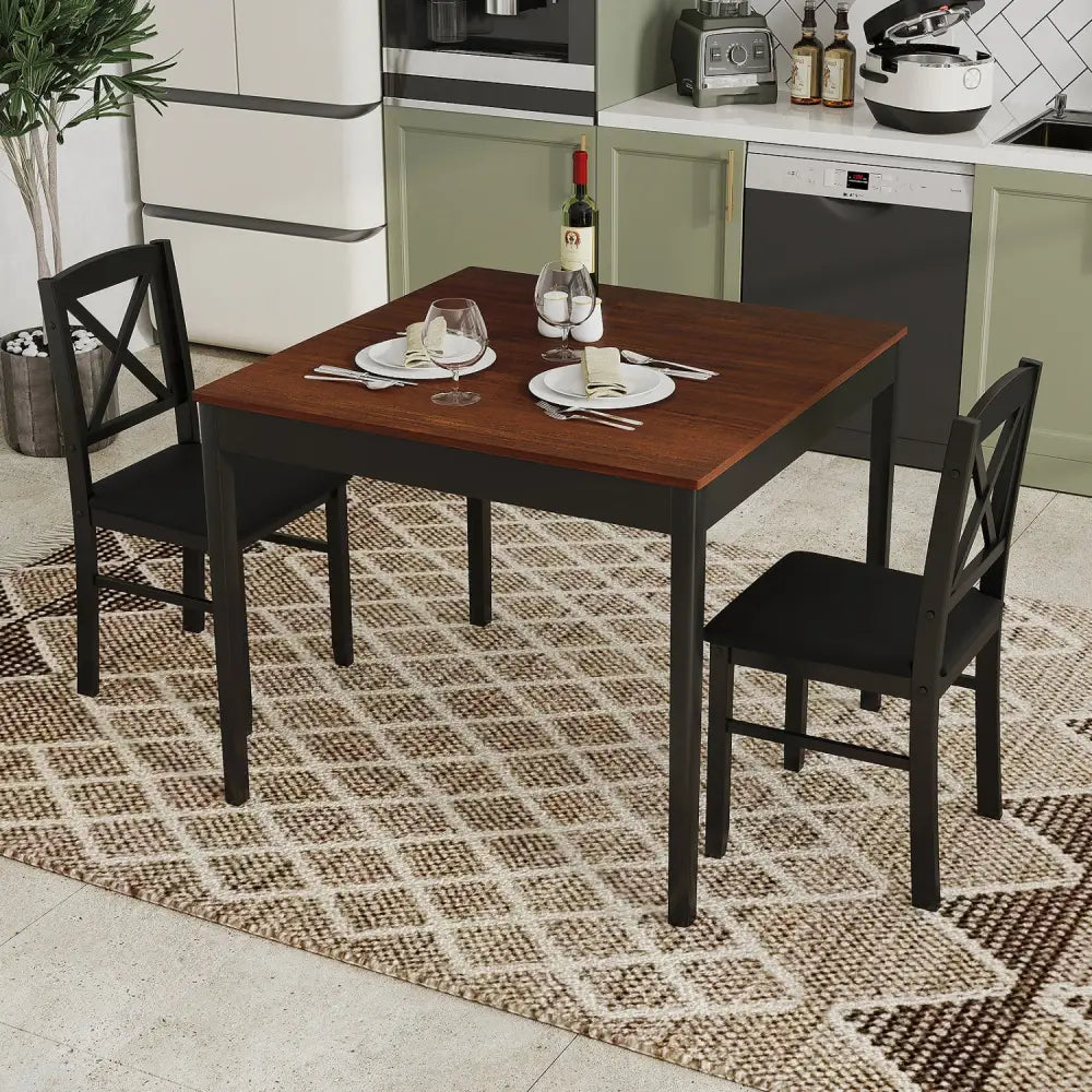 3-Piece Dining Table Set Wooden Square Kitchen Table for 2 People-Brown - Brown - Dining Room Sets