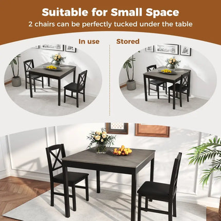 3-Piece Dining Table Set Wooden Square Kitchen Table for 2 People-Gray Costway