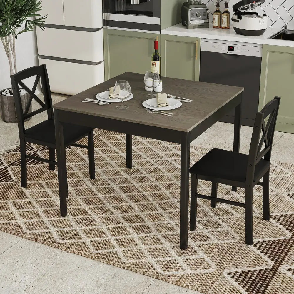 3-Piece Dining Table Set Wooden Square Kitchen Table for 2 People-Gray - Gray - Dining Room Sets