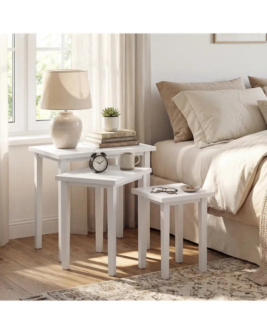 3-Piece Farmhouse Rectangle Side Table Set for Living Room-White - White - End & Side Tables