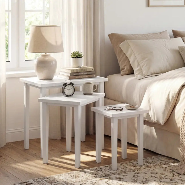 3-Piece Farmhouse Rectangle Side Table Set for Living Room-White Costway