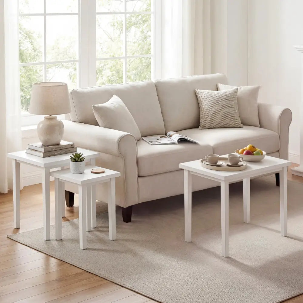 3-Piece Farmhouse Rectangle Side Table Set for Living Room-White - White - End & Side Tables