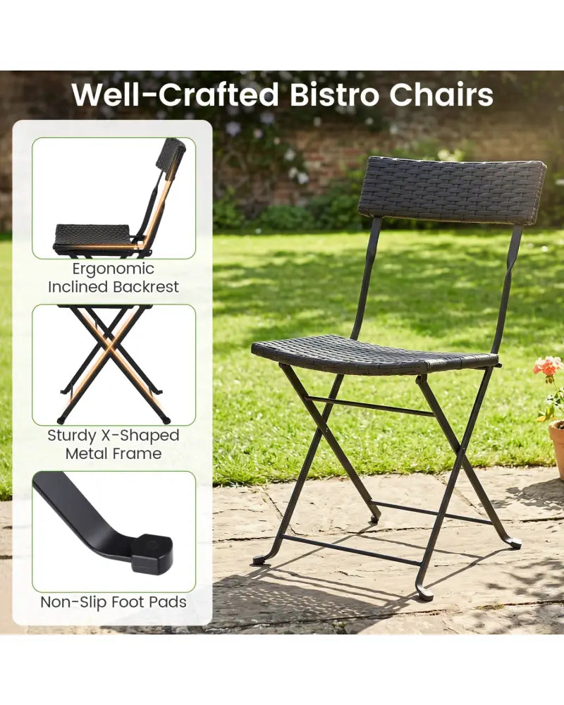 3-Piece Folding Bistro Set with PE Wicker and X-Shaped Metal Frame-Black - Black - Patio Dining Sets