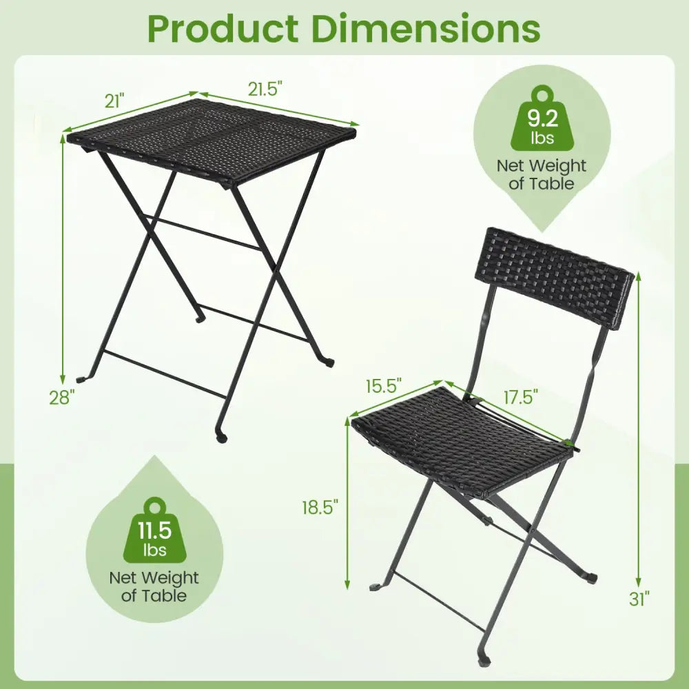 3-Piece Folding Bistro Set with PE Wicker and X-Shaped Metal Frame-Black - Black - Patio Dining Sets