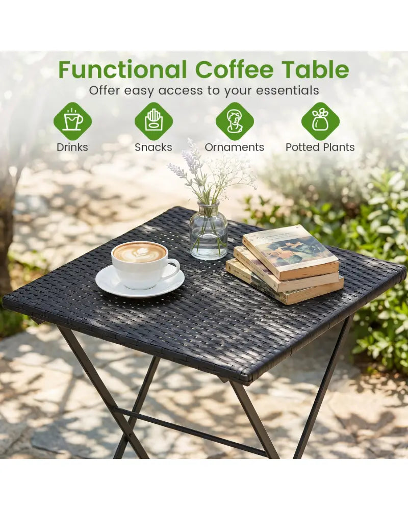 3-Piece Folding Bistro Set with PE Wicker and X-Shaped Metal Frame-Black - Black - Patio Dining Sets