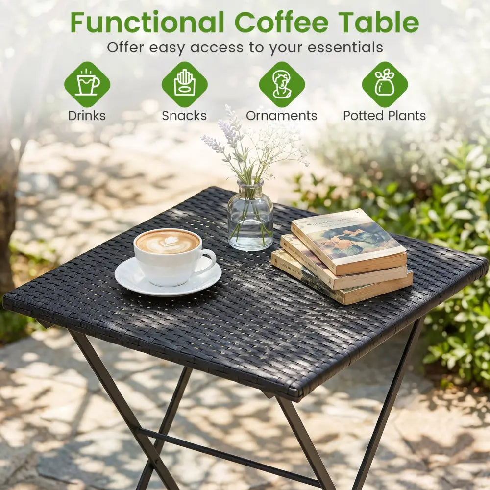 3-Piece Folding Bistro Set with PE Wicker and X-Shaped Metal Frame-Black - Black - Patio Dining Sets