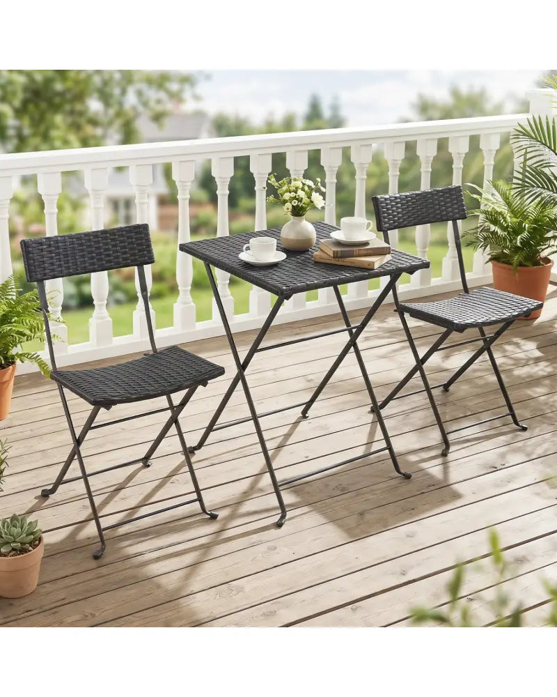 3-Piece Folding Bistro Set with PE Wicker and X-Shaped Metal Frame-Black - Black - Patio Dining Sets