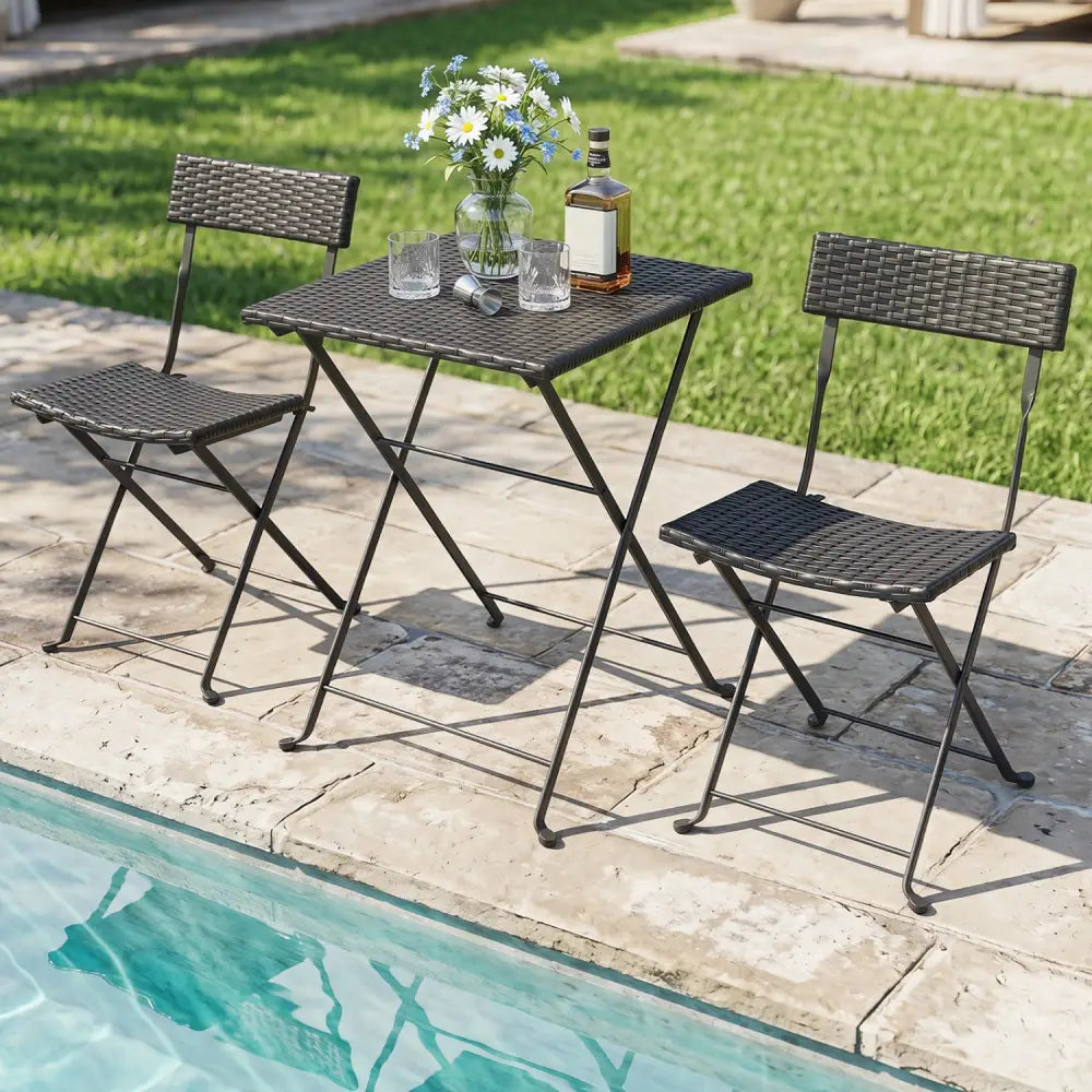3-Piece Folding Bistro Set with PE Wicker and X-Shaped Metal Frame-Black - Black - Patio Dining Sets
