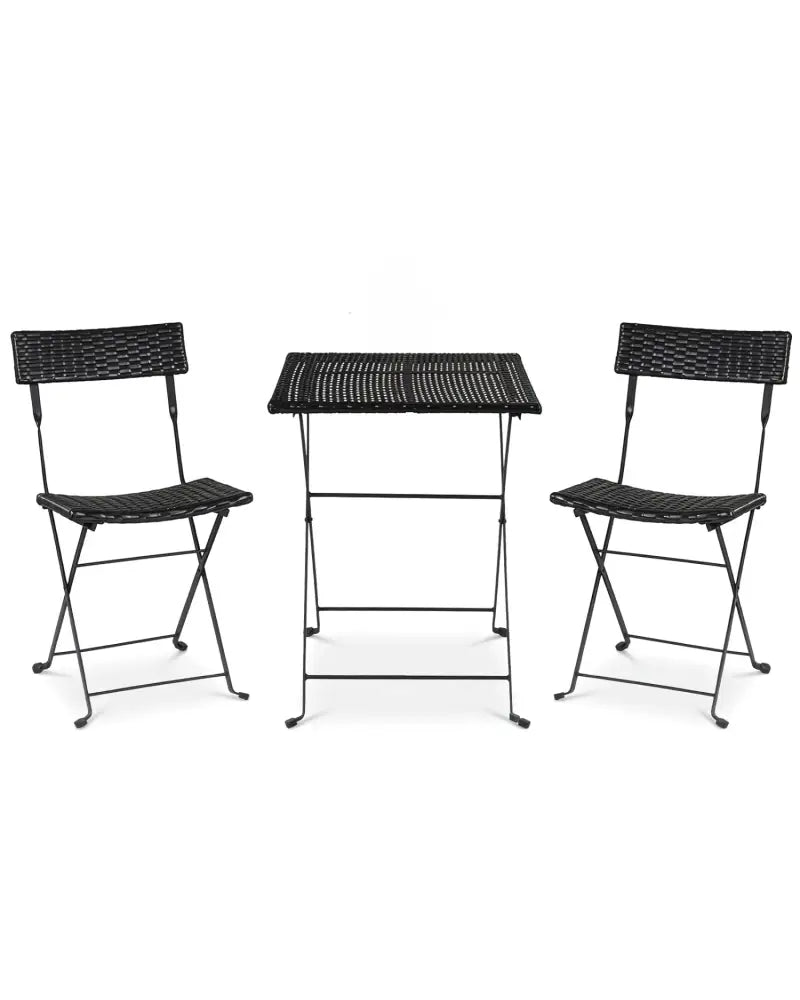 3-Piece Folding Bistro Set with PE Wicker and X-Shaped Metal Frame-Black - Black - Patio Dining Sets