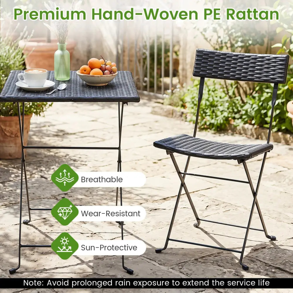 3-Piece Folding Bistro Set with PE Wicker and X-Shaped Metal Frame-Black - Black - Patio Dining Sets
