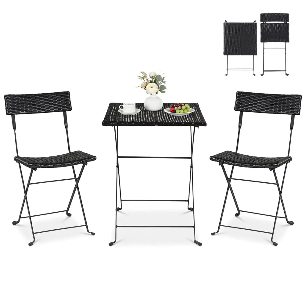 3-Piece Folding Bistro Set with PE Wicker and X-Shaped Metal Frame-Black - Black - Patio Dining Sets