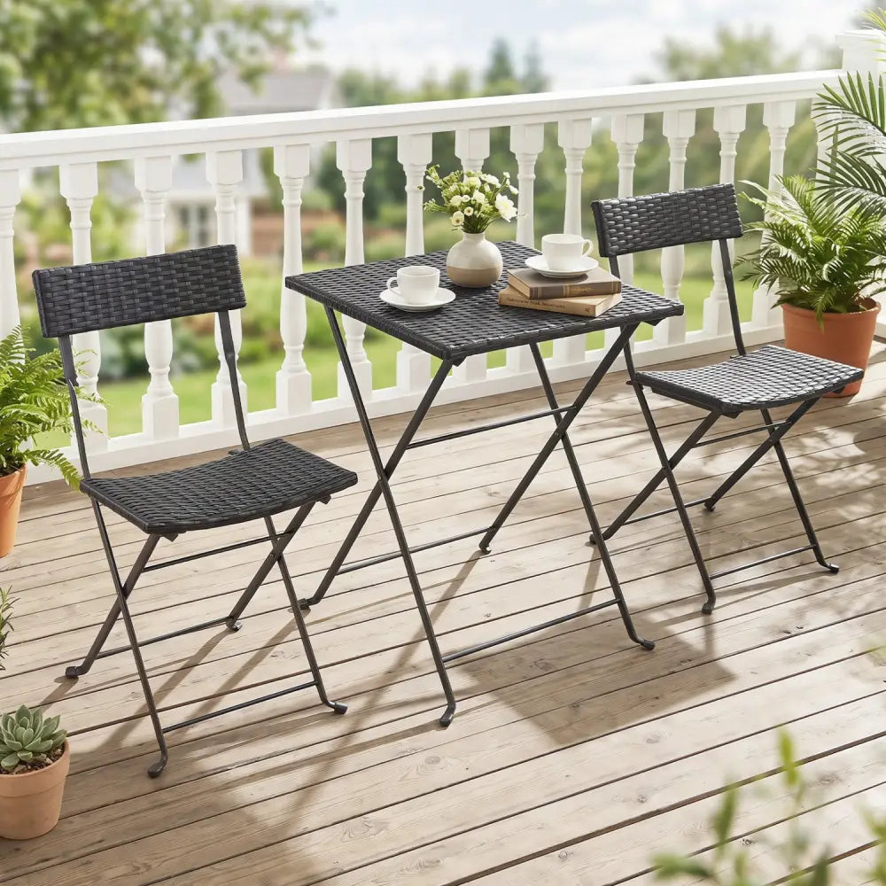 3-Piece Folding Bistro Set with PE Wicker and X-Shaped Metal Frame-Black - Black - Patio Dining Sets