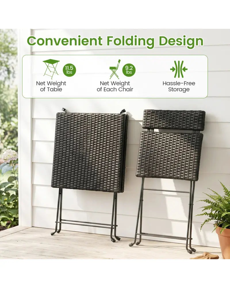 3-Piece Folding Bistro Set with PE Wicker and X-Shaped Metal Frame-Black - Black - Patio Dining Sets
