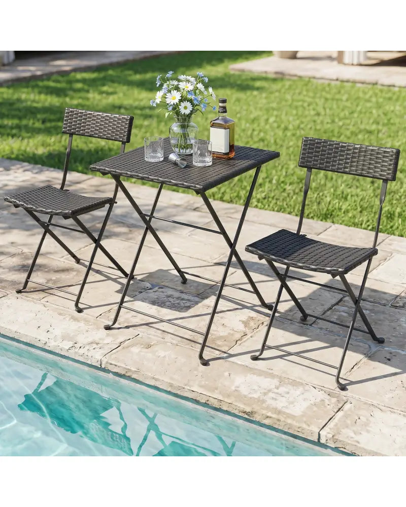 3-Piece Folding Bistro Set with PE Wicker and X-Shaped Metal Frame-Black - Black - Patio Dining Sets
