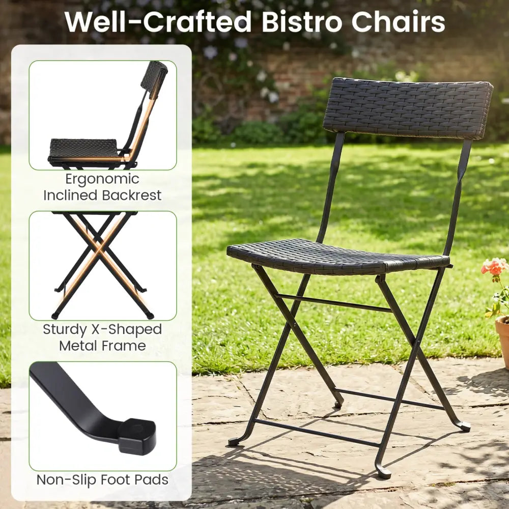 3-Piece Folding Bistro Set with PE Wicker and X-Shaped Metal Frame-Black - Black - Patio Dining Sets