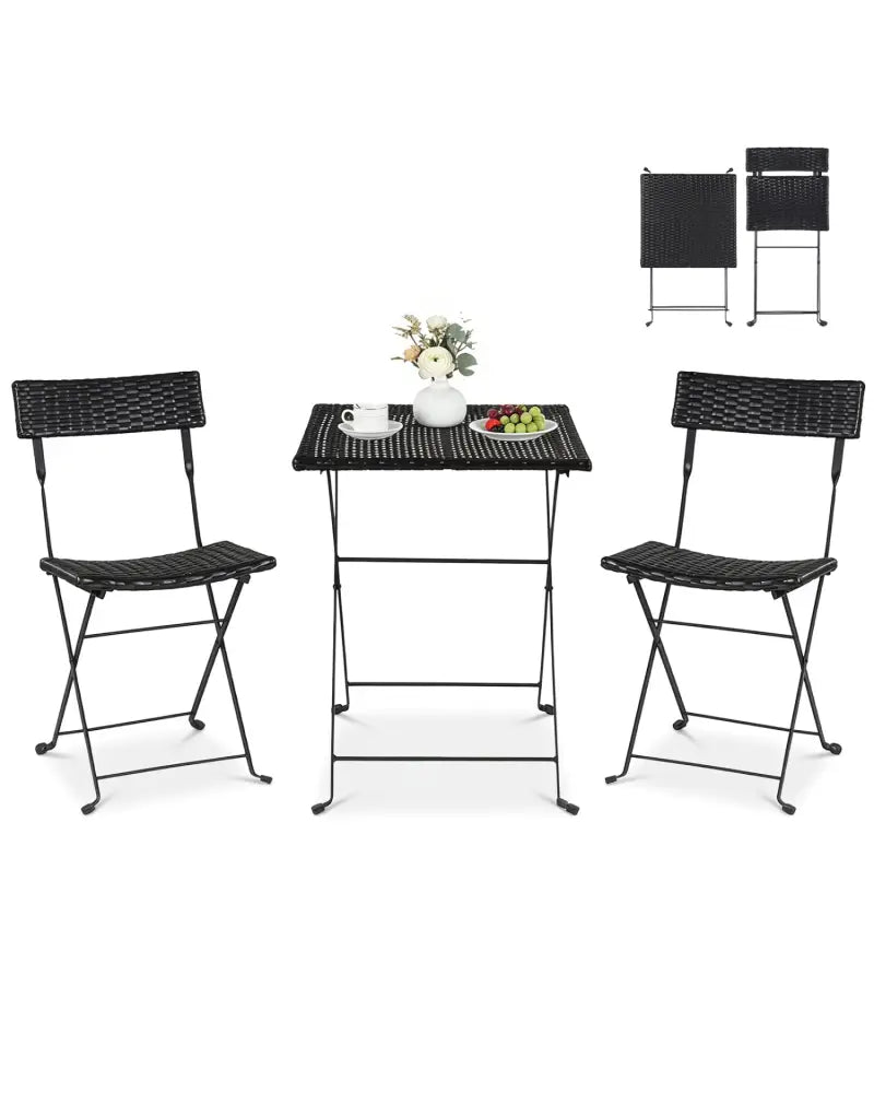 3-Piece Folding Bistro Set with PE Wicker and X-Shaped Metal Frame-Black - Black - Patio Dining Sets