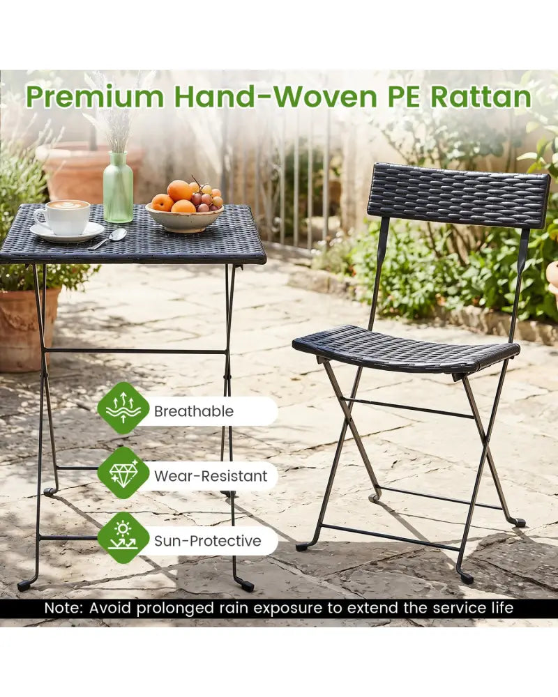 3-Piece Folding Bistro Set with PE Wicker and X-Shaped Metal Frame-Black - Black - Patio Dining Sets