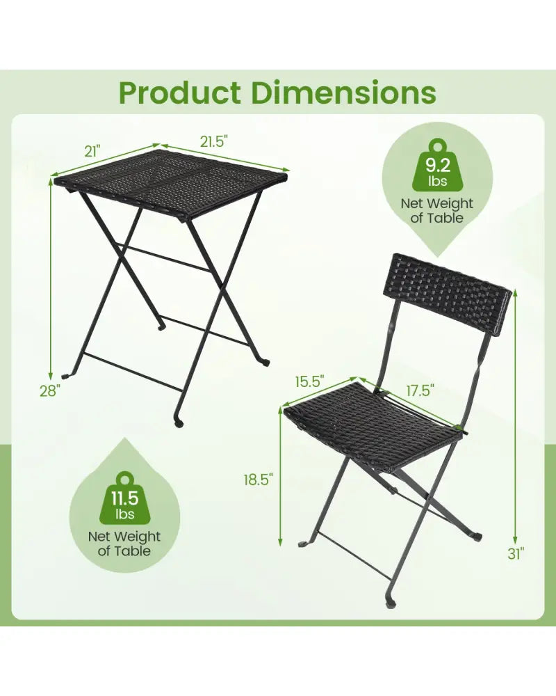 3-Piece Folding Bistro Set with PE Wicker and X-Shaped Metal Frame-Black - Black - Patio Dining Sets
