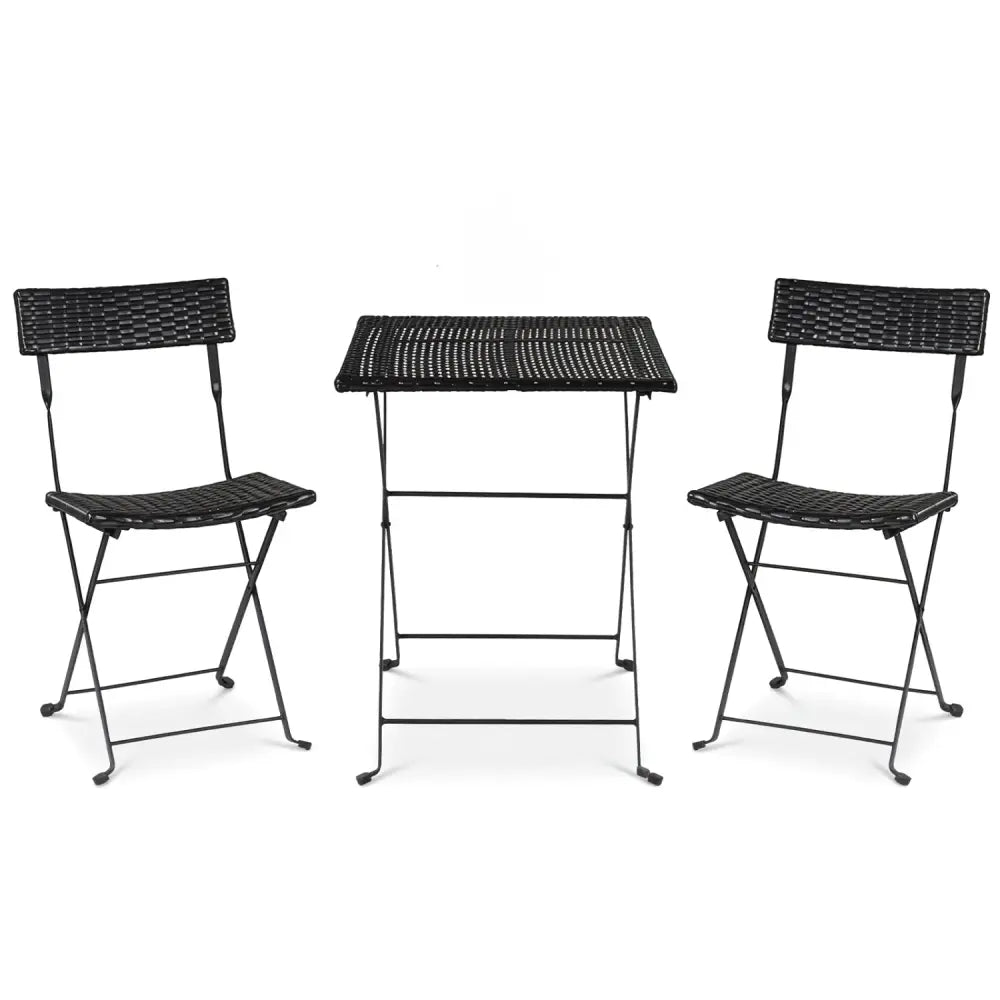 3-Piece Folding Bistro Set with PE Wicker and X-Shaped Metal Frame-Black - Black - Patio Dining Sets