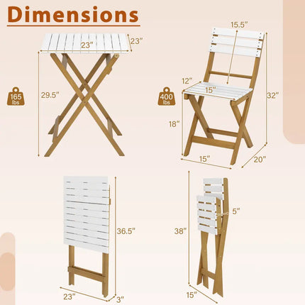 3 Piece Folding Patio Bistro Set with Foldable Design Acacia Wood Porch Chairs and Square Table - Patio Conversation