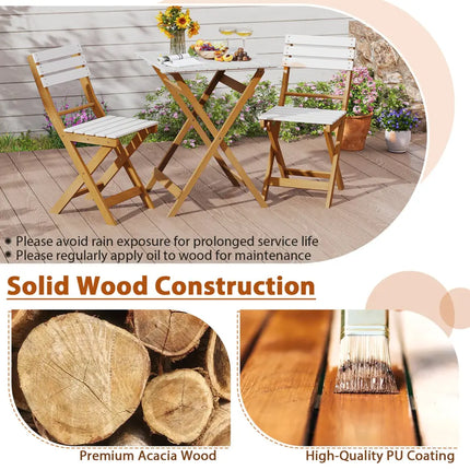 3 Piece Folding Patio Bistro Set with Foldable Design Acacia Wood Porch Chairs and Square Table - Patio Conversation