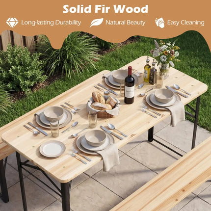 3-Piece Folding Picnic Table with Benches Fir Wood Portable Bear Camping SET-Natural - Black - Patio Dining Sets