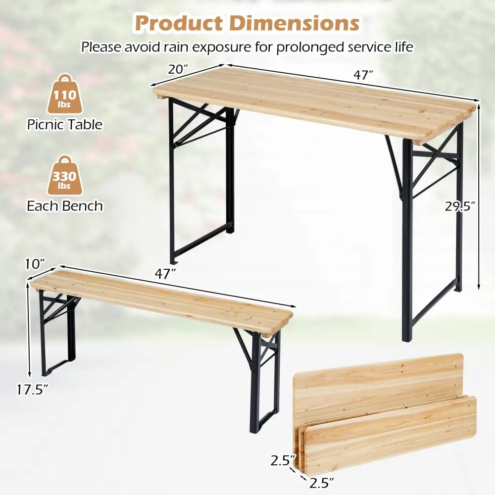 3-Piece Folding Picnic Table with Benches Fir Wood Portable Bear Camping SET-Natural - Black - Patio Dining Sets