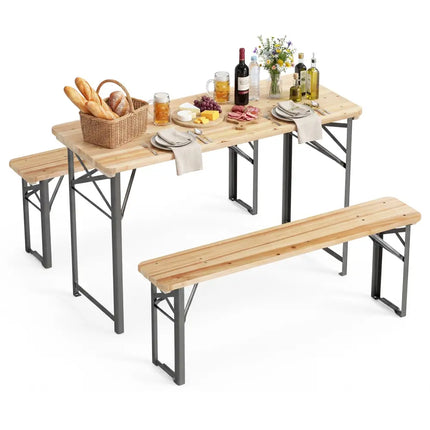 3-Piece Folding Picnic Table with Benches Fir Wood Portable Bear Camping SET-Natural - Black - Patio Dining Sets