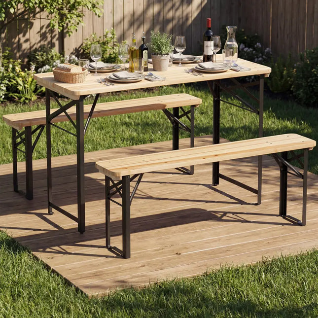 3-Piece Folding Picnic Table with Benches Fir Wood Portable Bear Camping SET-Natural - Black - Patio Dining Sets