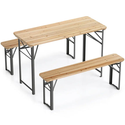 3-Piece Folding Picnic Table with Benches Fir Wood Portable Bear Camping SET-Natural - Black - Patio Dining Sets