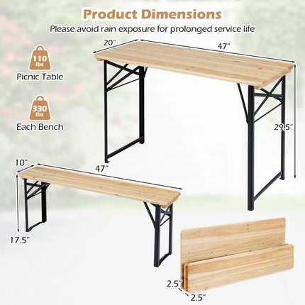 3-Piece Folding Picnic Table with Benches Fir Wood Portable Bear Camping SET-Natural - Black - Patio Dining Sets