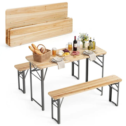 3-Piece Folding Picnic Table with Benches Fir Wood Portable Bear Camping SET-Natural - Black - Patio Dining Sets