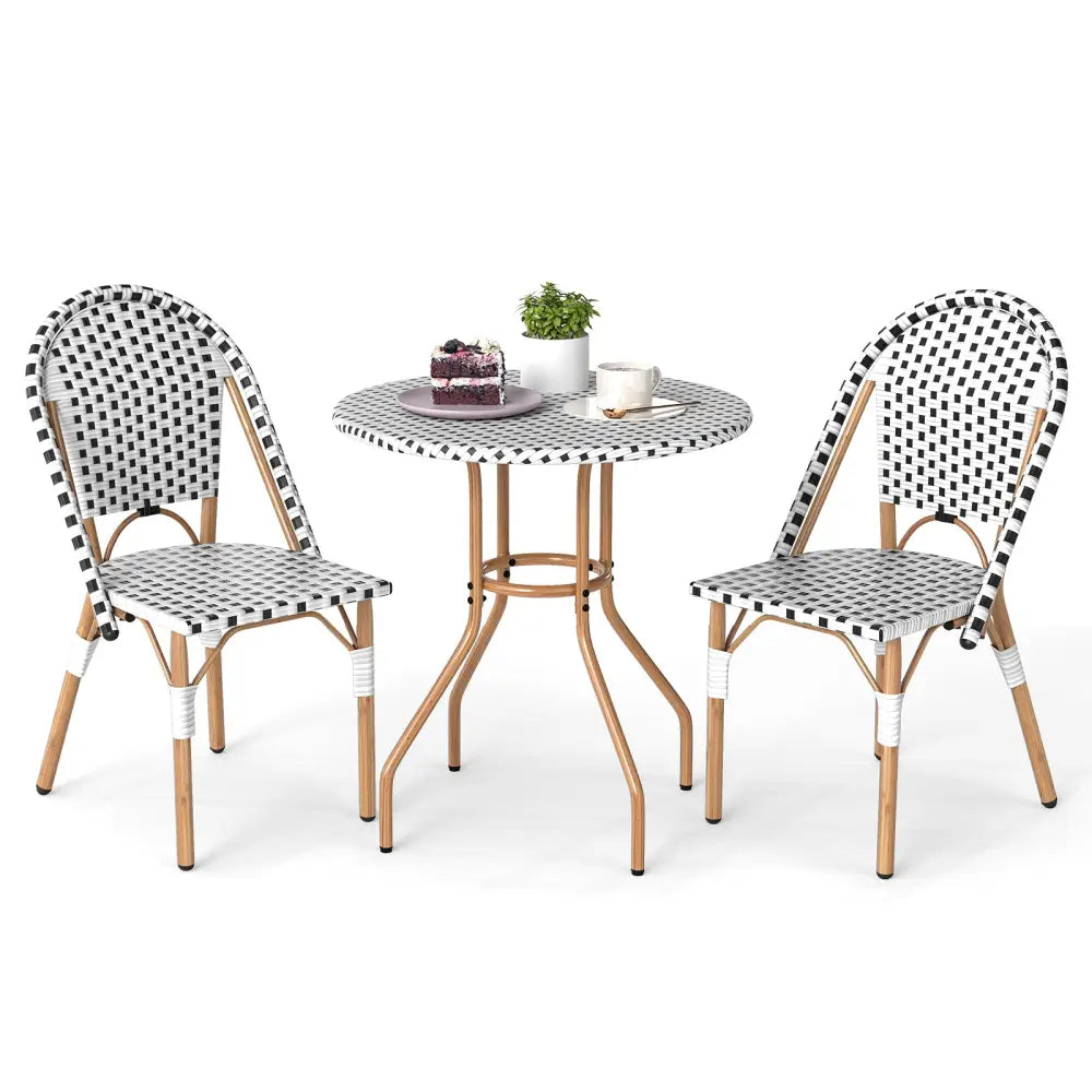3 Piece French Bistro Table Chair Set with Outdoor Wicker Round Table and 2 Dining Chairs - White - Patio Dining Sets