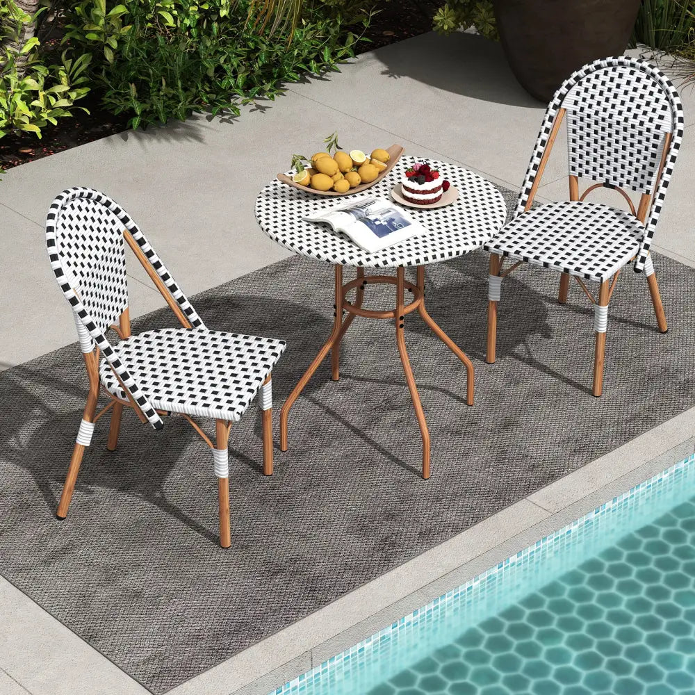 3 Piece French Bistro Table Chair Set with Outdoor Wicker Round Table and 2 Dining Chairs - White - Patio Dining Sets